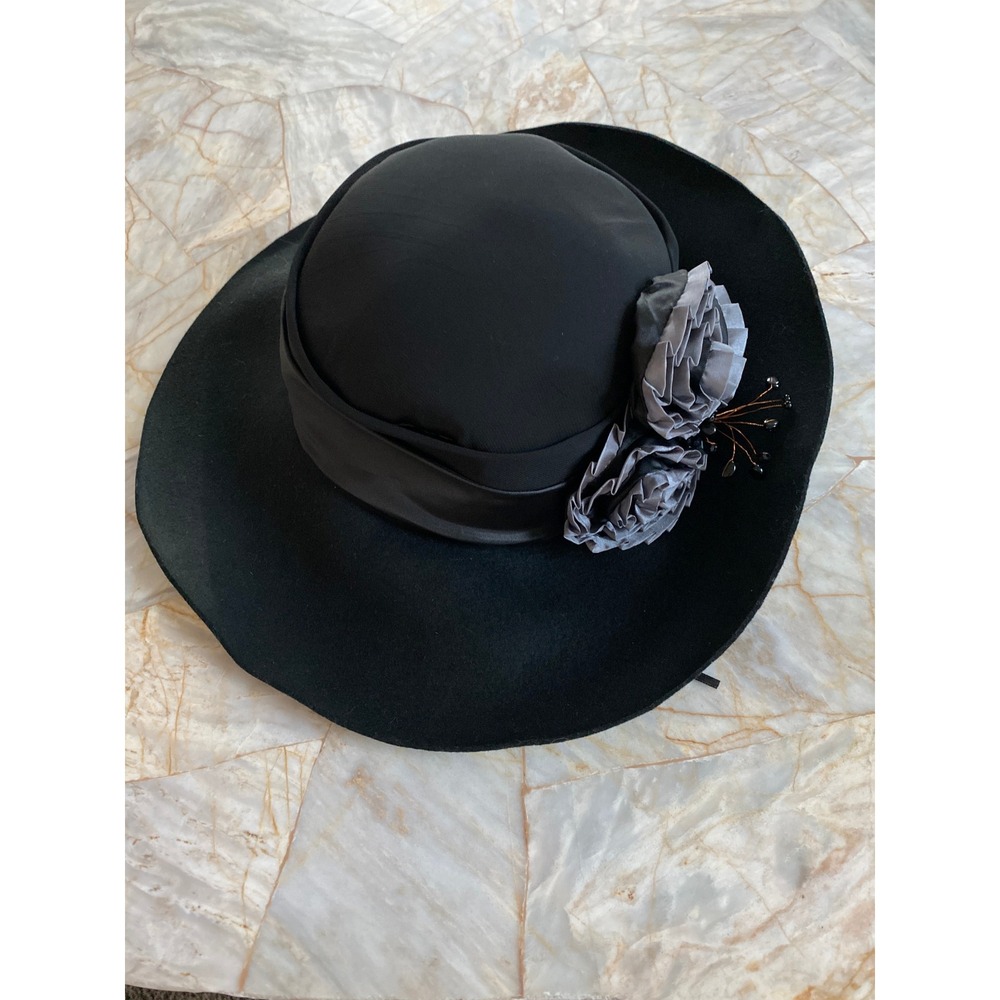 August Accessories Fine Millinery Black Wool Wide Brim Flower Event Hat